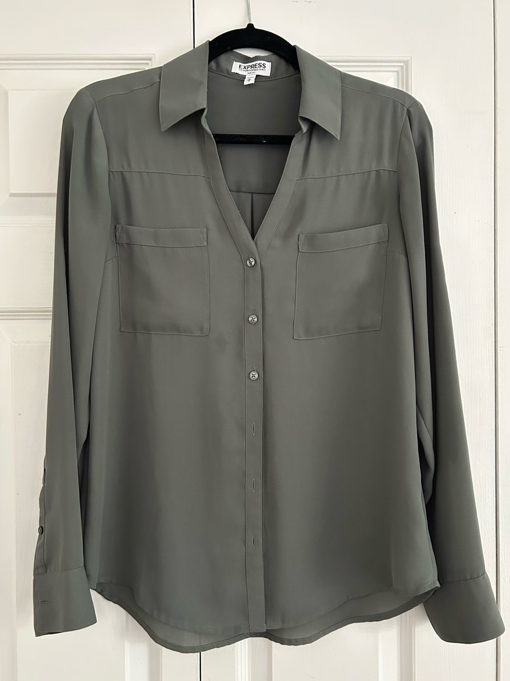 Express Olive Green Button-Front Shirt Blouse